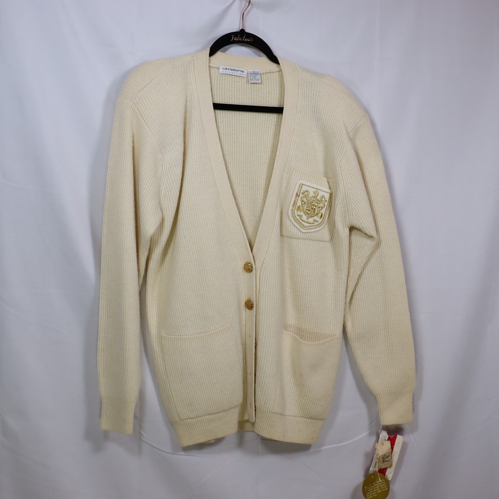 Liz Claiborne Cardigan Sweater M Cream Womens Preppy Academia V-Neck AS-IS